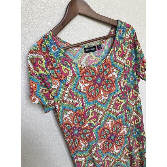 Nina Leonard Bright Multicolor Jersey Maxi Dress size Medium Short sleeve boho - Picture 2 of 5